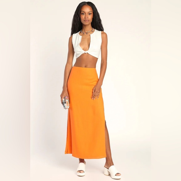 LULUS Orange Slit Midi Skirt - Picture 1 of 5
